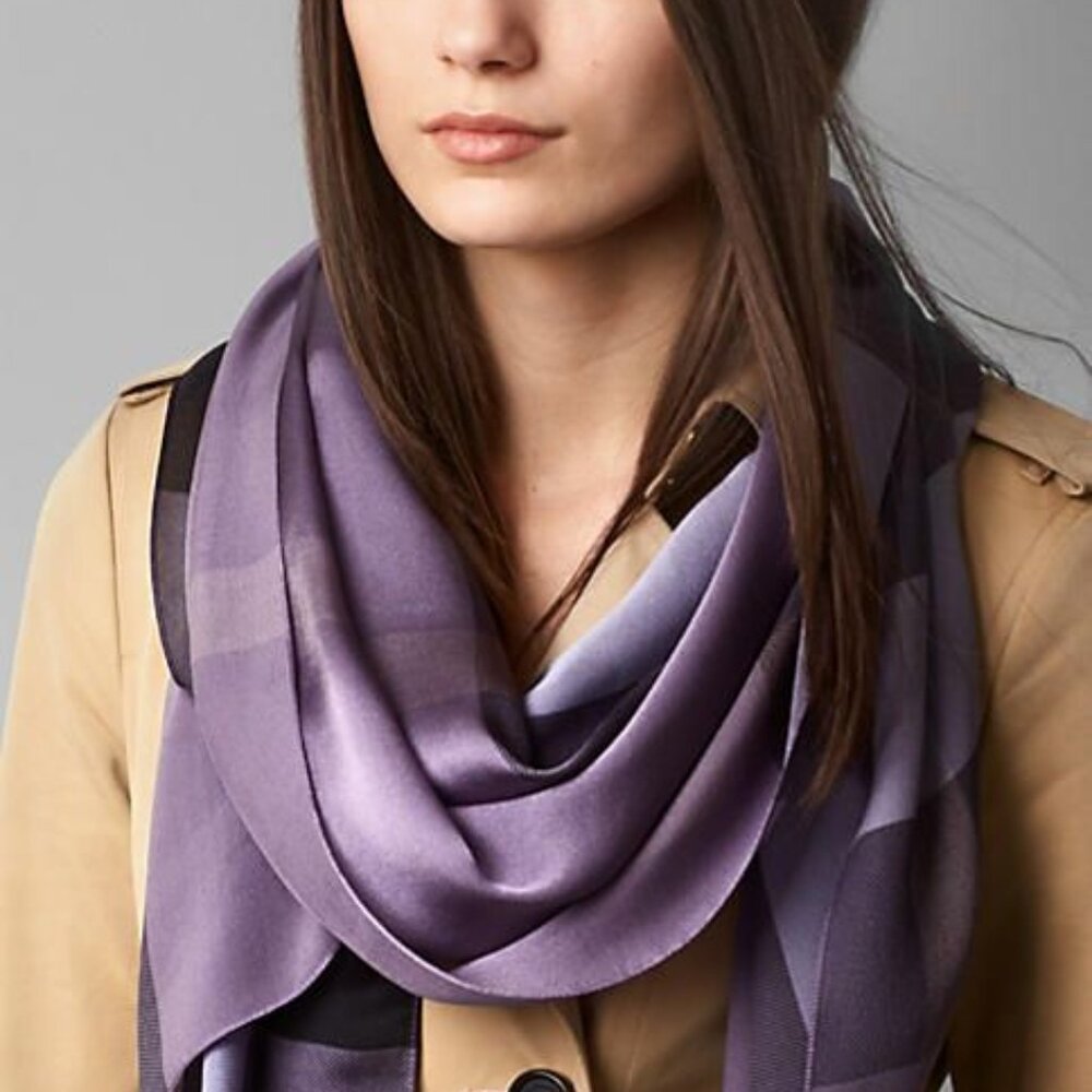 Display #1 Burberry Check Print Purple Satin Silk Scarf - Picture 13 of 16